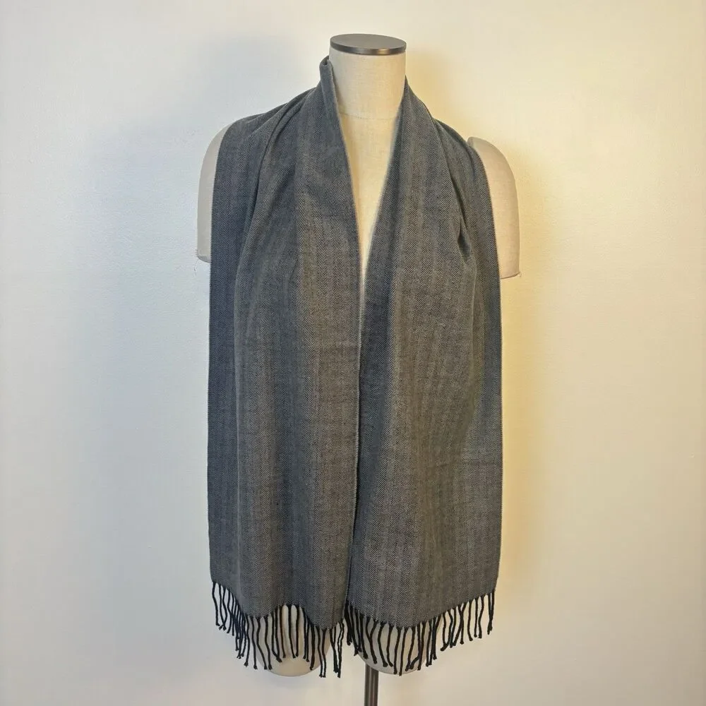 Italy Design Womens Scarf Rectangle Black Gray Cashmere Blend Fringe Hem